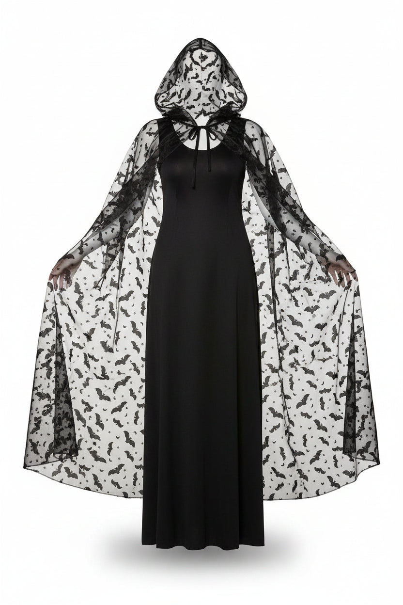 Damen-Cape mit transparentem Fledermaus-Print und Kapuze-Halloween-Alpenkind