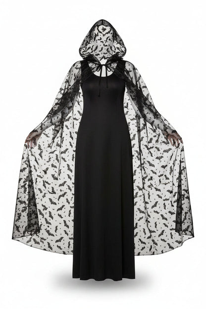 Damen-Cape mit transparentem Fledermaus-Print und Kapuze-Halloween-Alpenkind
