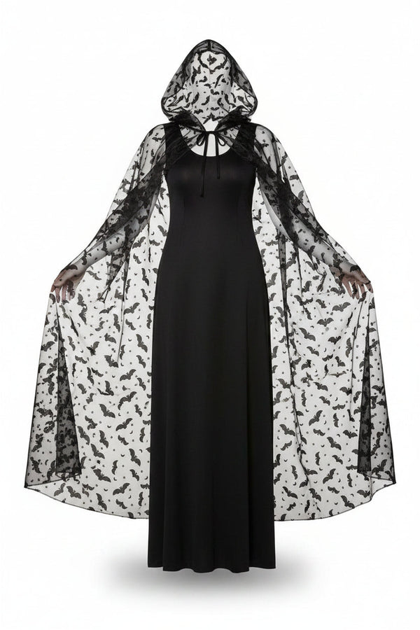 Damen-Cape mit transparentem Fledermaus-Print und Kapuze-Halloween-Alpenkind