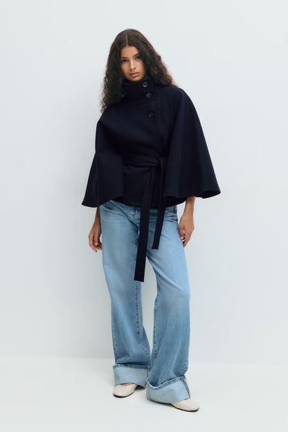 Damen Capejacke mit Stehkragen und Bindegürtel-Women Coats-Alpenkind