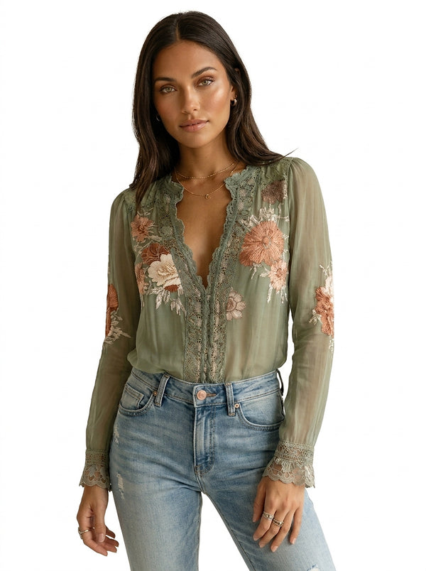Damen-Chiffonbluse mit Stickerei und Spitzenbesatz-Blouses for women-Alpenkind