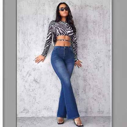 Damen Denim-Hose mit hohem Bund, ausgestelltem Bein und Taschen vorne und hinten