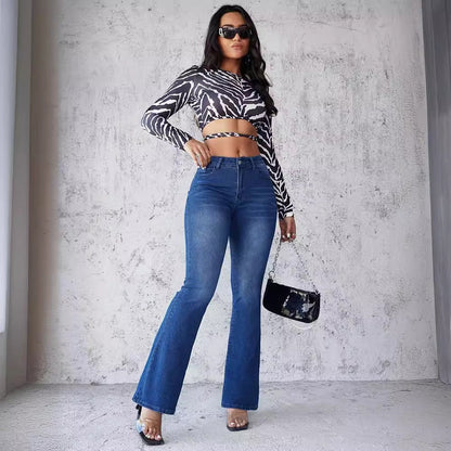 Damen Denim-Hose mit hohem Bund, ausgestelltem Bein und Taschen vorne und hinten