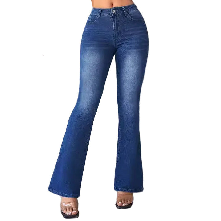 Damen Denim-Hose mit hohem Bund, ausgestelltem Bein und Taschen vorne und hinten