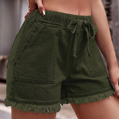 Damen Denim-Shorts mit elastischem Bund, Kordelzug und ausgefranstem Saum-Shorts for women-Alpenkind