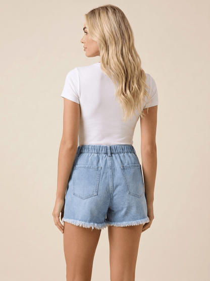 Damen Denim-Shorts mit elastischem Bund, Kordelzug und ausgefranstem Saum-Shorts for women-Alpenkind