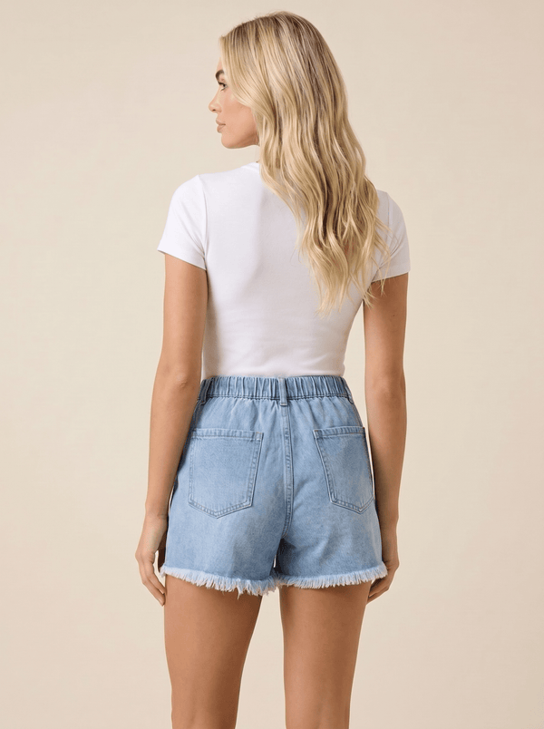 Damen Denim-Shorts mit elastischem Bund, Kordelzug und ausgefranstem Saum-Shorts for women-Alpenkind
