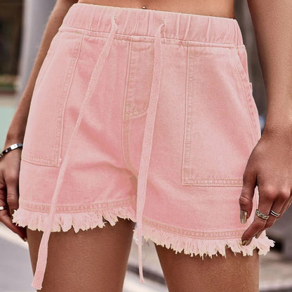 Damen Denim-Shorts mit elastischem Bund, Kordelzug und ausgefranstem Saum-Shorts for women-Alpenkind