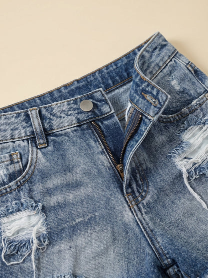Damen Denim-Shorts mit Hoher Taille und Used-Details-Shorts for women-Alpenkind