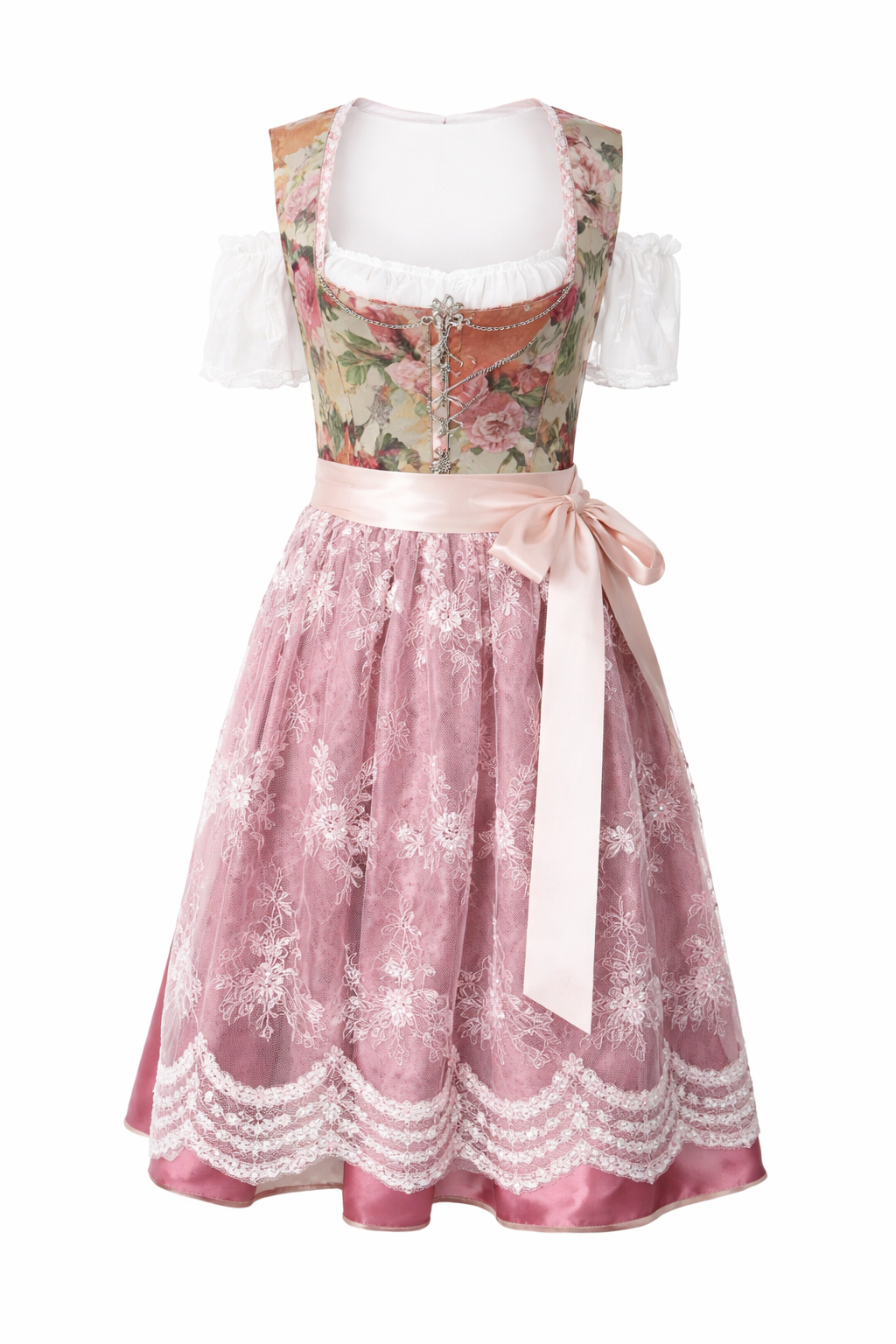 Damen Dirndl Kleid mit Blütenmuster, Frontverschluss und Spitzenschürze-Dirndl for Women-Alpenkind