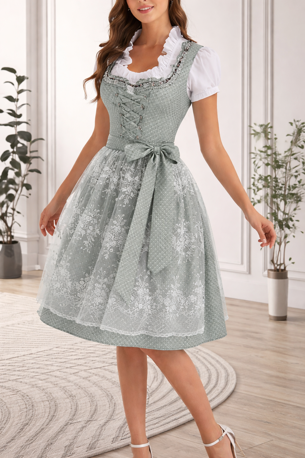 Damen Dirndl Kleid mit Perlenbesatz, Spitzeneinsatz und Bindeschleife-Dirndl for Women-Alpenkind