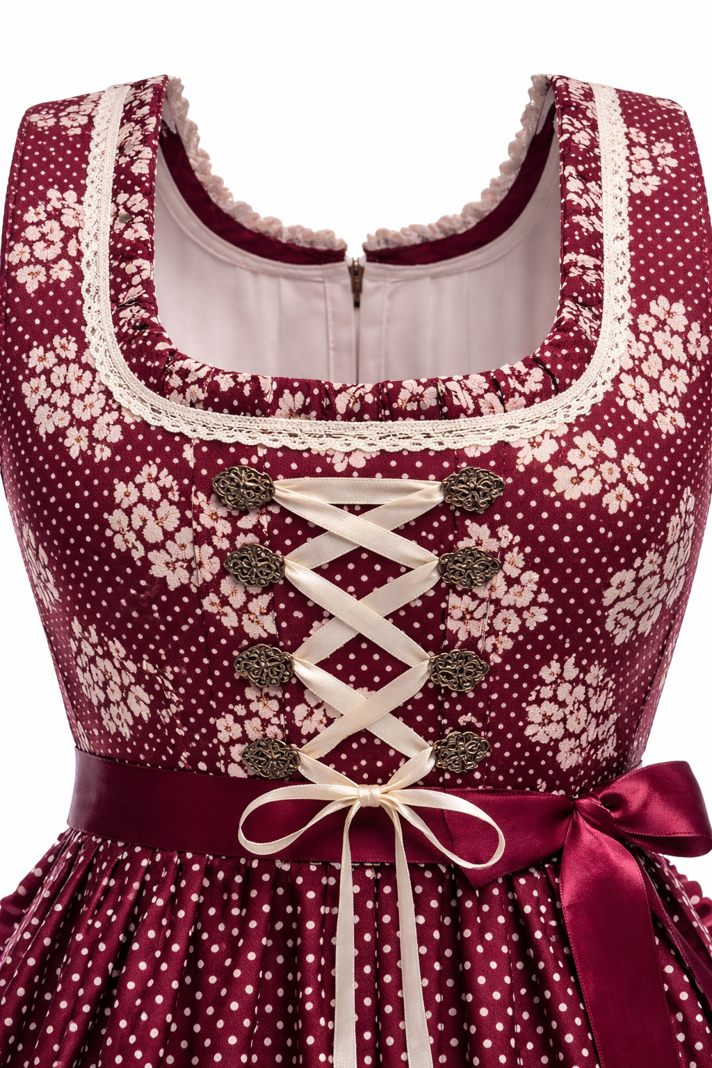 Damen Dirndl Kleid mit Punktmuster, Zierschnürung und Taillenschleife-Dirndl for Women-Alpenkind