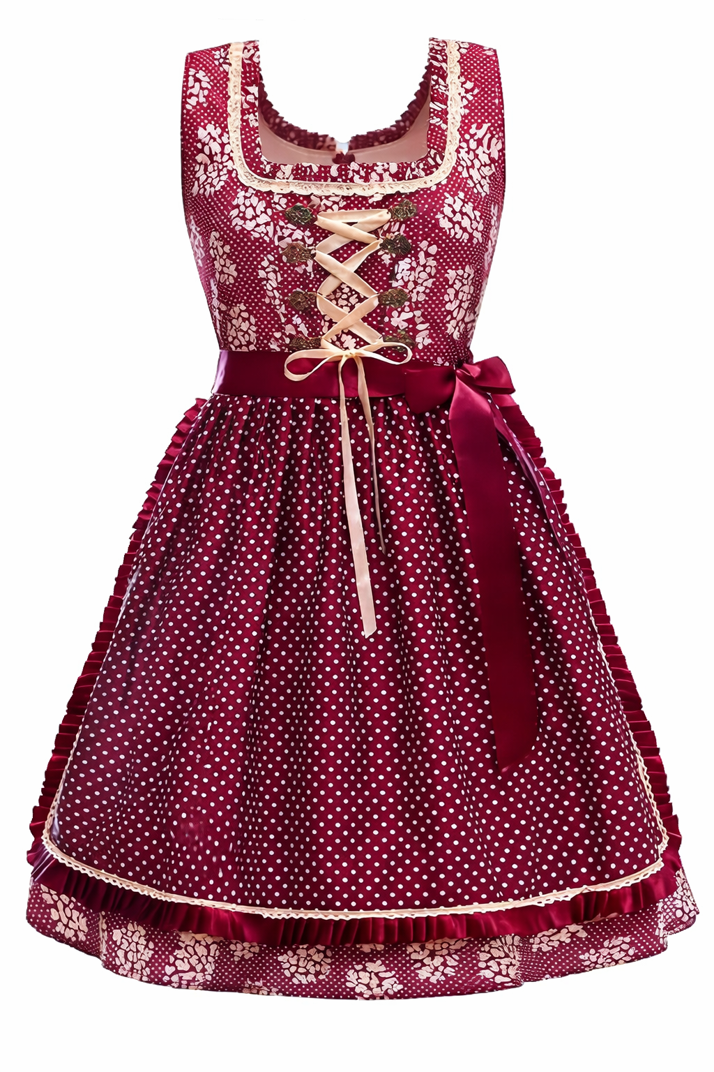 Damen Dirndl Kleid mit Punktmuster, Zierschnürung und Taillenschleife-Dirndl for Women-Alpenkind