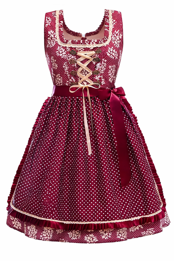 Damen Dirndl Kleid mit Punktmuster, Zierschnürung und Taillenschleife-Dirndl for Women-Alpenkind