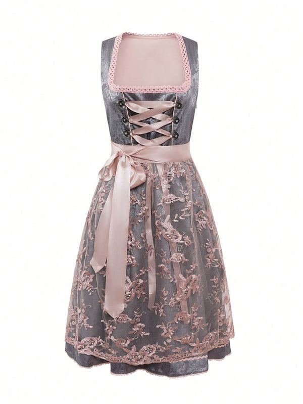 Damen Dirndl Kleid mit Spitzenüberrock, Schnürleiste und Zierösen-Dirndl for Women-Alpenkind
