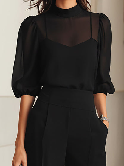 Damen Dreiteiliges Set mit Transparentem Oberteil und Weiter Hose-Sets for women-Alpenkind