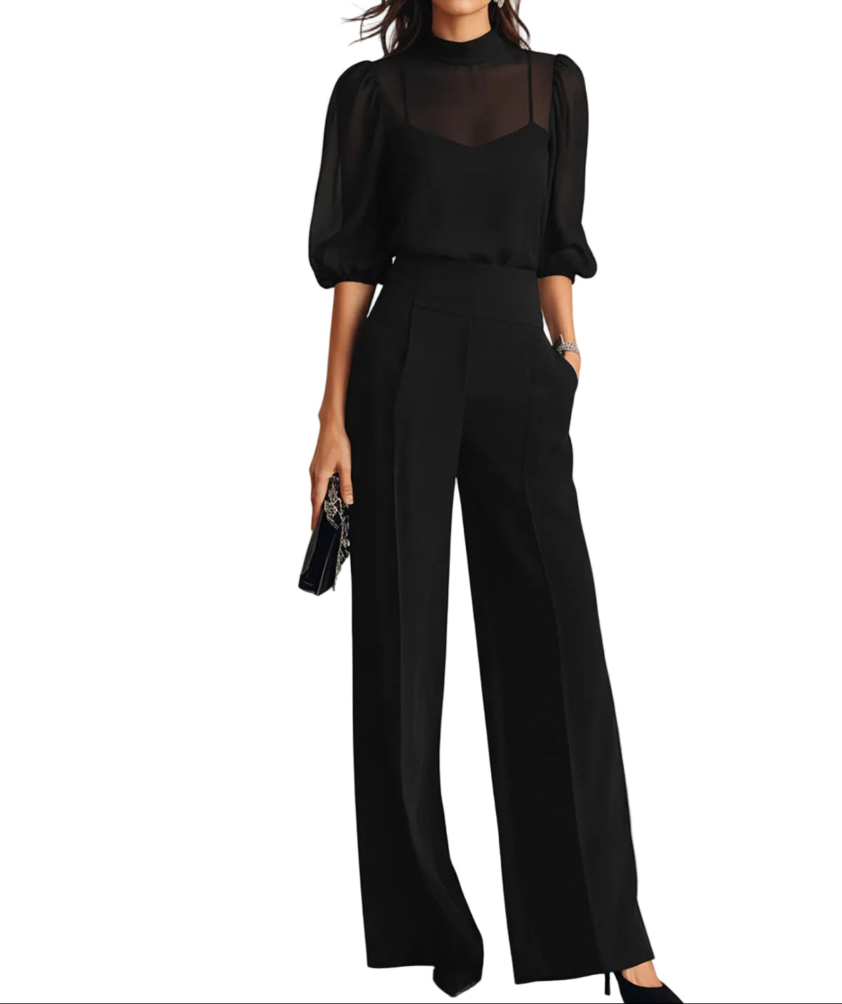 Damen Dreiteiliges Set mit Transparentem Oberteil und Weiter Hose-Sets for women-Alpenkind