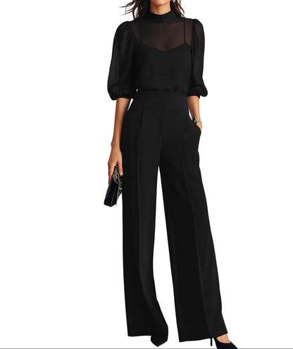 Damen Dreiteiliges Set mit Transparentem Oberteil und Weiter Hose-Sets for women-Alpenkind