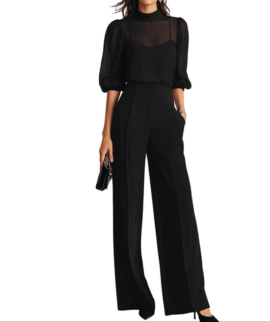 Damen Dreiteiliges Set mit Transparentem Oberteil und Weiter Hose-Sets for women-Alpenkind