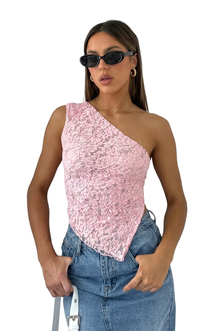 Damen-Ein-Schulter-Oberteil aus Spitze mit asymmetrischem Ausschnitt-Tops for women-Alpenkind