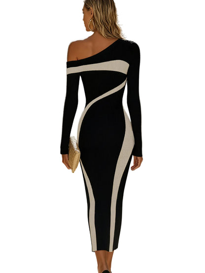 Damen Ein-Schulter Strickkleid in Midilänge mit Formgebenden Einsätzen-Midi Dress-Alpenkind