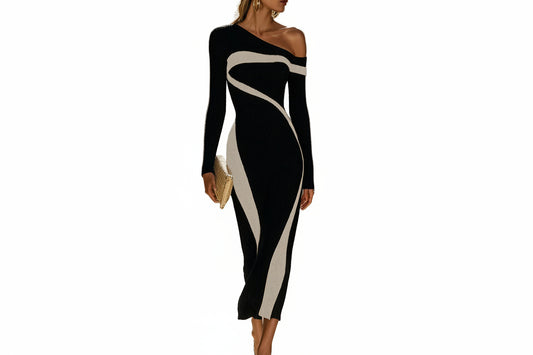 Damen Ein-Schulter Strickkleid in Midilänge mit Formgebenden Einsätzen-Midi Dress-Alpenkind