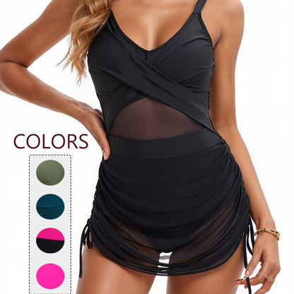 Damen Einteiler-Badeanzug mit Wickeloptik und Mesh-Swimwear for women-Alpenkind