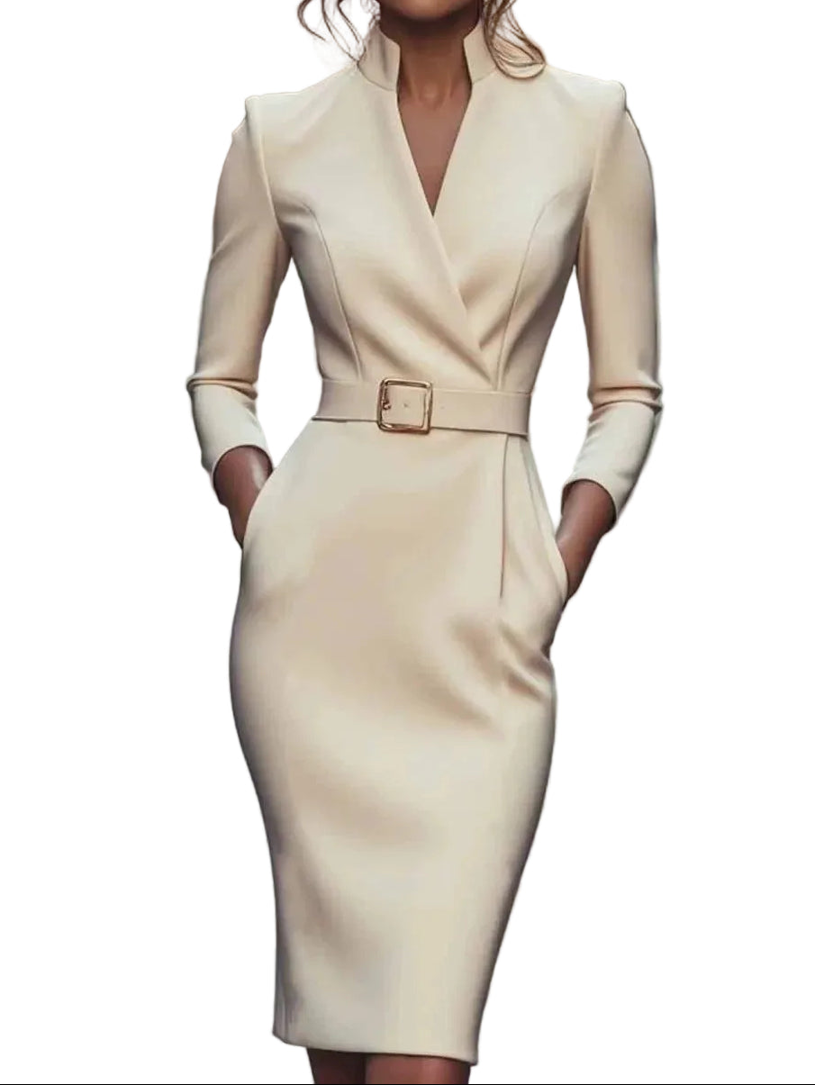 Damen Etuikleid mit V-Ausschnitt und Gürtel-Midi Dress-Alpenkind