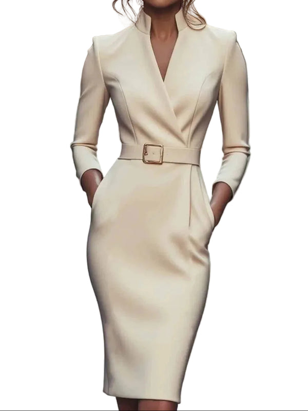 Damen Etuikleid mit V-Ausschnitt und Gürtel-Midi Dress-Alpenkind