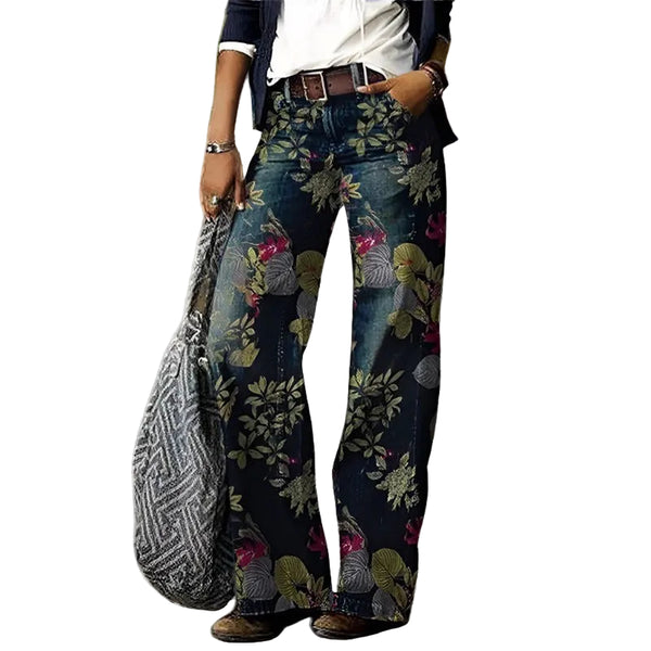 Damen Gerade Geschnittene Hose mit Muster und Gürtelschlaufen-Women Pants-Alpenkind