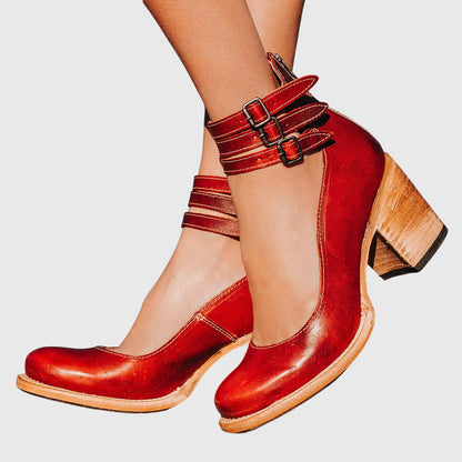 Damen Geschlossene Ankle-Boots mit Seitlichen Ausschnitten, Drei Schnallenriemen und Blockabsatz-Footwear for women-Alpenkind