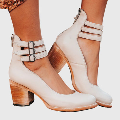 Damen Geschlossene Ankle-Boots mit Seitlichen Ausschnitten, Drei Schnallenriemen und Blockabsatz-Footwear for women-Alpenkind