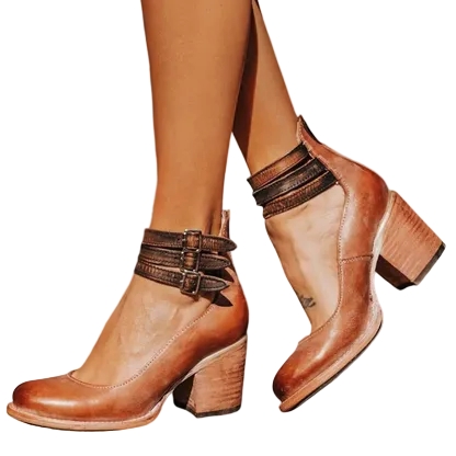 Damen Geschlossene Ankle-Boots mit Seitlichen Ausschnitten, Drei Schnallenriemen und Blockabsatz