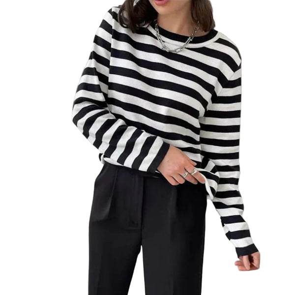 Damen Gestreiftes Langarmshirt mit Rundhals-Shirts for women-Alpenkind