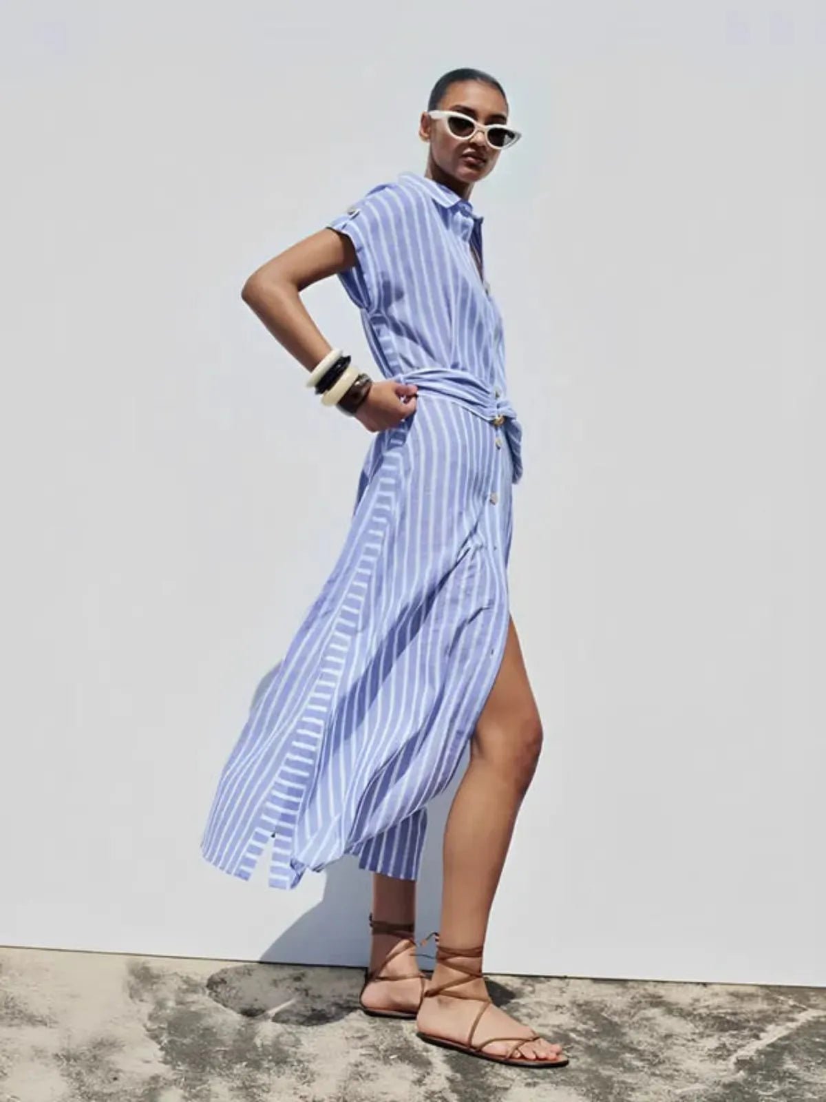 Damen Gestreiftes Midikleid mit Knopfleiste-Midi Dress-Alpenkind