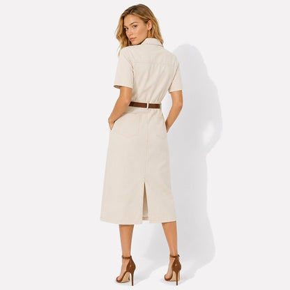Damen Hemdblusenkleid in Midilänge mit kurzen Ärmeln und Gürtel-Midi Dress-Alpenkind
