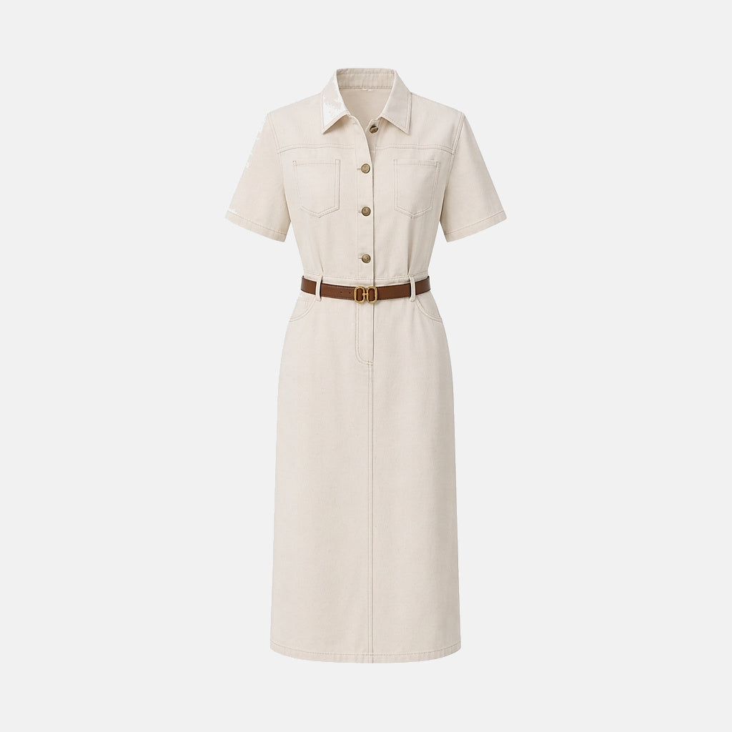 Damen Hemdblusenkleid in Midilänge mit kurzen Ärmeln und Gürtel-Midi Dress-Alpenkind