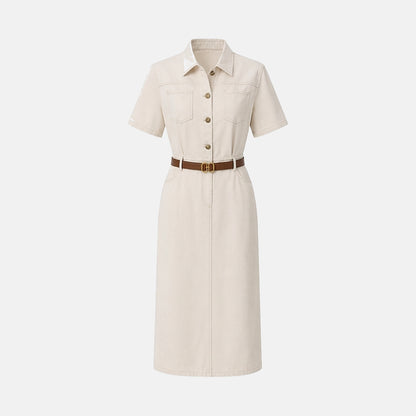 Damen Hemdblusenkleid in Midilänge mit kurzen Ärmeln und Gürtel-Midi Dress-Alpenkind