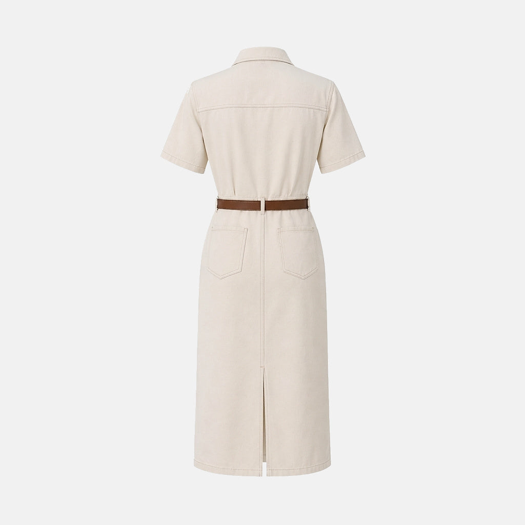 Damen Hemdblusenkleid in Midilänge mit kurzen Ärmeln und Gürtel-Midi Dress-Alpenkind