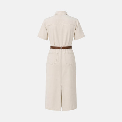 Damen Hemdblusenkleid in Midilänge mit kurzen Ärmeln und Gürtel-Midi Dress-Alpenkind