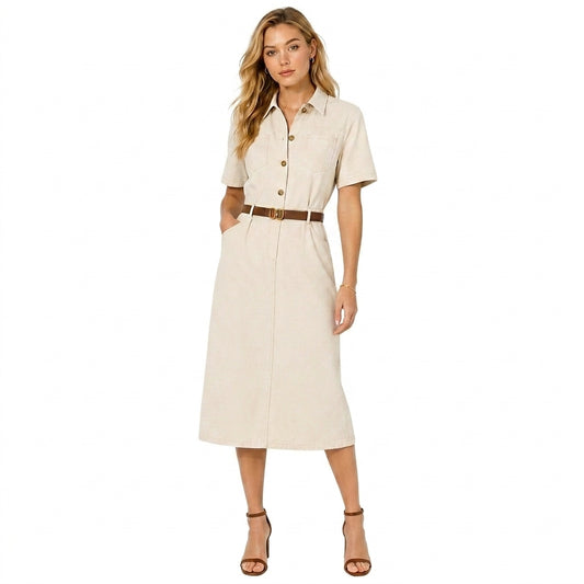 Damen Hemdblusenkleid in Midilänge mit kurzen Ärmeln und Gürtel-Midi Dress-Alpenkind