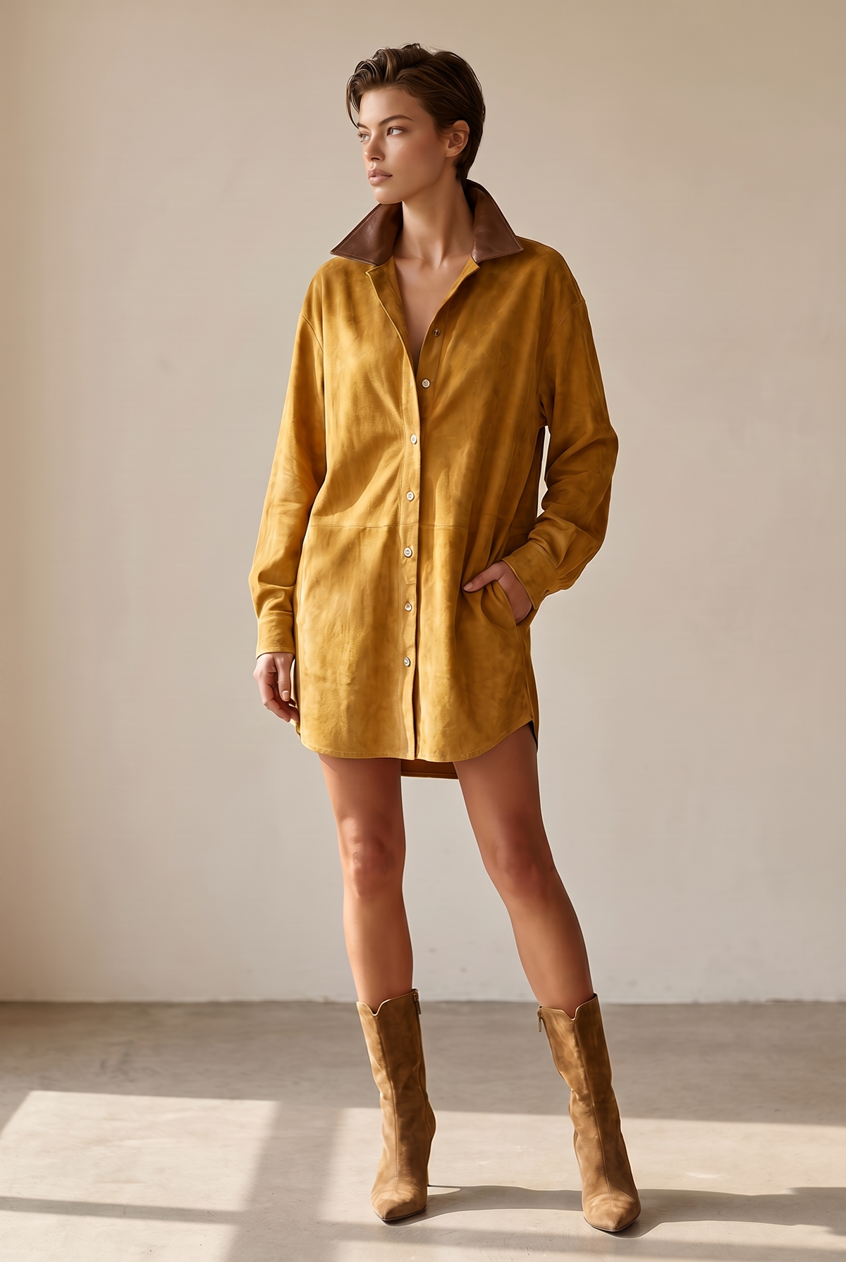 Damen-Hemdkleid in Wildlederoptik mit Kontrastkragen-Mini Dress-Alpenkind