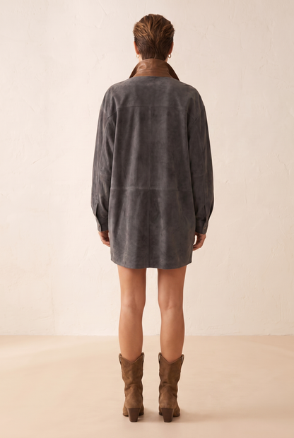 Damen-Hemdkleid in Wildlederoptik mit Kontrastkragen-Mini Dress-Alpenkind