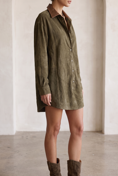 Damen-Hemdkleid in Wildlederoptik mit Kontrastkragen-Mini Dress-Alpenkind