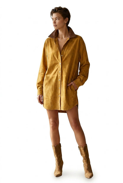 Damen-Hemdkleid in Wildlederoptik mit Kontrastkragen-Mini Dress-Alpenkind