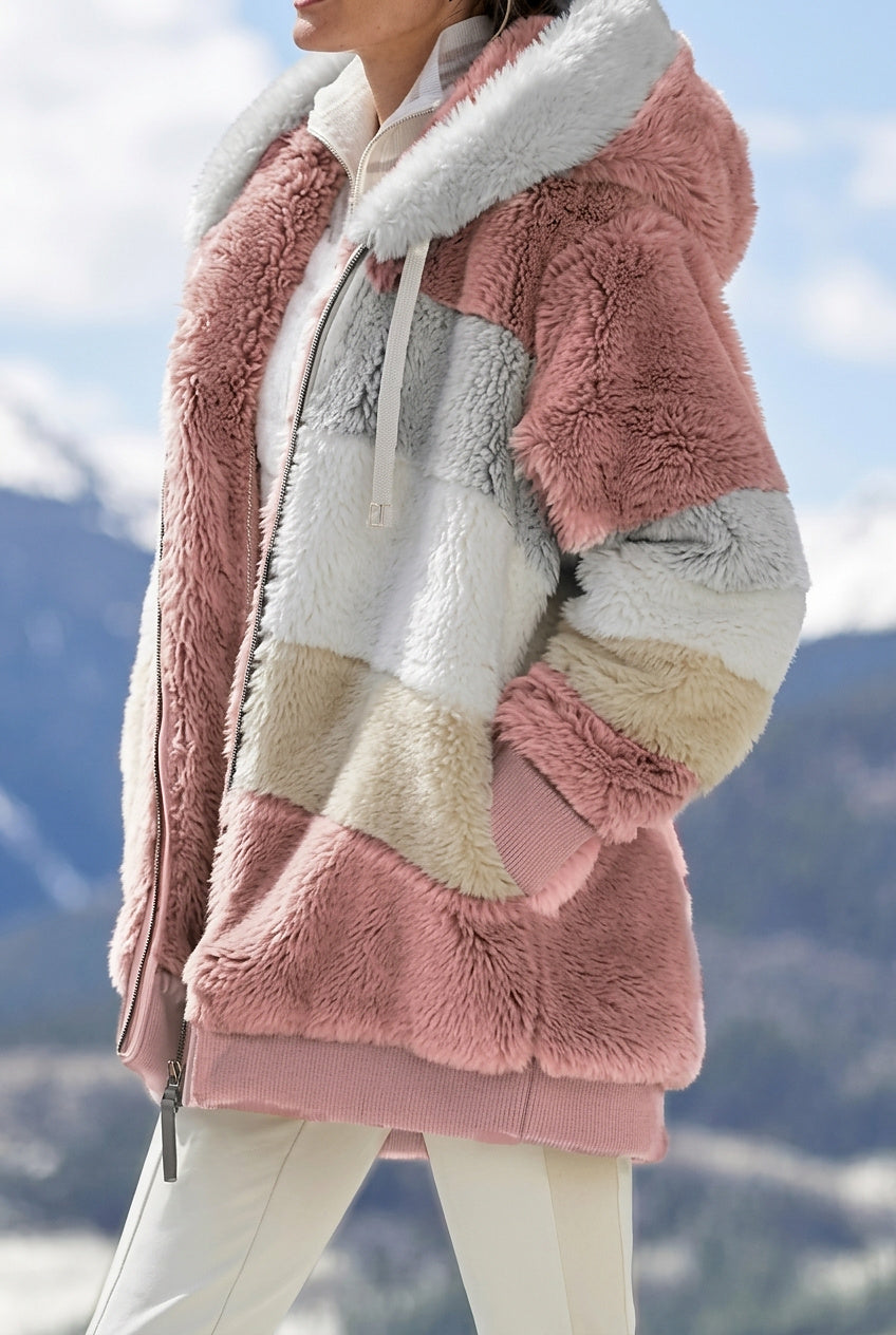 Damen-Jacke mit Kapuze aus Kunstfell im Colorblock-Design-Jacket for women-Alpenkind