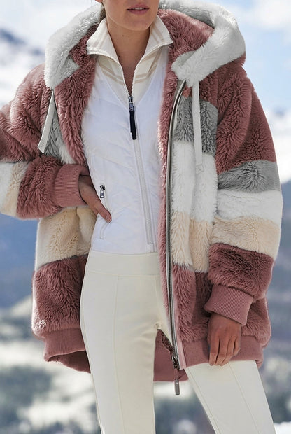 Damen-Jacke mit Kapuze aus Kunstfell im Colorblock-Design-Jacket for women-Alpenkind