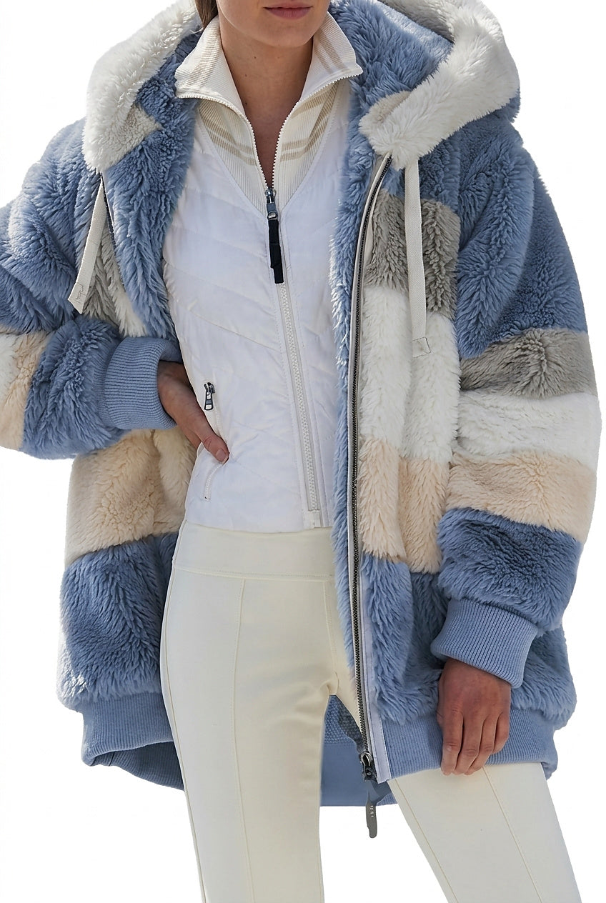 Damen-Jacke mit Kapuze aus Kunstfell im Colorblock-Design-Jacket for women-Alpenkind