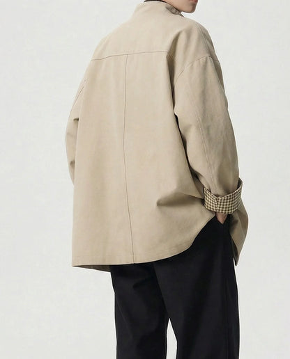 Damen Jacke mit Knopfleiste und Kariertem Kragenbesatz