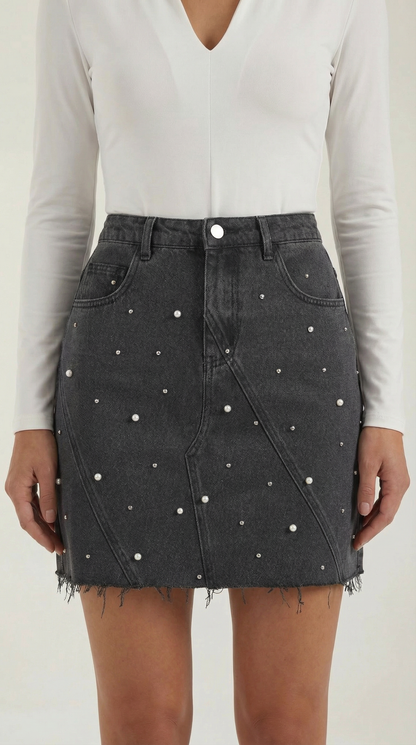 Damen Jeans Minirock mit Frontpaneelen, Knopfverschluss und offenem Saum-Skirt for women-Alpenkind